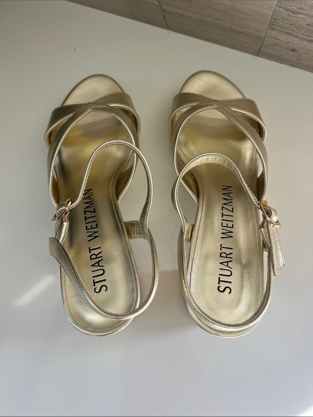 Stuart Weitzman carmen midi platform open toe sandals light gold liquid metallic - Picture 8 of 11